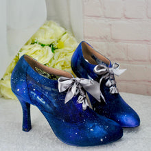 Load image into Gallery viewer, Hand-Painted Celestial Wedding Shoes – Blue Galaxy Lace-Up Heels
