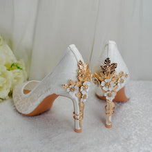 Load image into Gallery viewer, Handmade White Lace Wedding Shoes with Cherry Blossom Heel | Pointed Toe Bridal Heels
