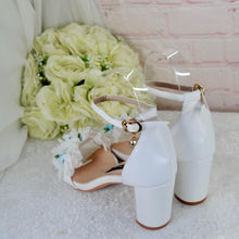 Load image into Gallery viewer, Block Heel Bridal White Sandals with Something Blue Floral Rose Details • UK5/US7.5
