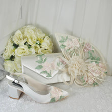 Load image into Gallery viewer, Ivory &amp; Pink Fascinator Hat and Clutch Bag Set: Floral Embroidered Bridal Hatinator

