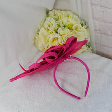Load image into Gallery viewer, Hot Pink Satin Heel, Clutch &amp; Fascinator Set: Handmade Wedding Guest Outfit
