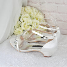 Load image into Gallery viewer, Ivory Satin Wedding Sandals: Low Block Heel Bridal Shoes with Ankle Strap  • UK6/US8.5
