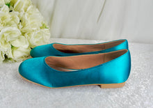 Load image into Gallery viewer, Teal Satin Bridal Set | Handmade Flat Shoes, Clutch Bag &amp; Fascinator
