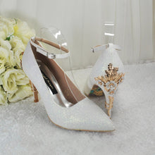 Load image into Gallery viewer, Ivory Shimmer Pointed Toe Shoes with Cherry Blossom Embellishment - UK7 - Ready to Dispatch
