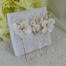 Load image into Gallery viewer, Handmade Gold or Silver Ceramic Flower Hair Pins with Pearls (Set of 3)
