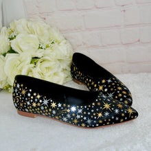 Load image into Gallery viewer, Black Celestial Bridal Flats – Hand-Painted Pointed Wedding Shoes
