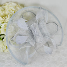 Load image into Gallery viewer, Silver Grey Fascinator and Clutch Bag Set: Handmade Satin Bridal Hatinator
