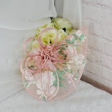 Load image into Gallery viewer, Pink Fascinator Hat and Clutch Bag Set: Floral Embroidered Bridal Hatinator
