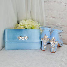 Load image into Gallery viewer, Light Baby Blue Clutch Bag with 'Cherry Blossom' Floral Embellishment
