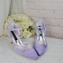 Load image into Gallery viewer, Pastel Lilac Bridal Sandals: Embroidered 3D Flower Kitten Heel Shoes UK7/US9.5
