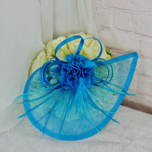 Load image into Gallery viewer, Blue Satin Clutch Bag &amp; Fascinator Set: Wedding Guest Hatinator
