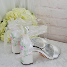 Load image into Gallery viewer, Bridal Block Heel Sandals – Handmade Satin Wedding Shoes With Pastel Floral Embroidery • UK5/US7.5

