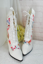 Load image into Gallery viewer, White Floral Print Wedding Boots: Low Heel Bridal Shoes UK4/US6.5
