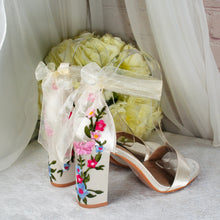 Load image into Gallery viewer, Ivory Satin Bridal Sandals: Floral Embroidery, Block Heel - UK6/US8.5
