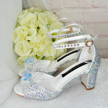 Load image into Gallery viewer, Crystal Bridal Sandals with Flower Detail &amp; 8cm Block Heels
