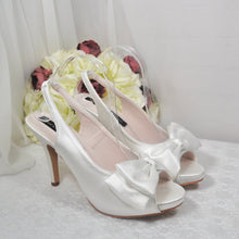 Load image into Gallery viewer, Handmade Ivory Satin Slingback Heels: Bow Wedding Shoes (UK5/US7.5)
