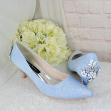 Load image into Gallery viewer, Blue Glitter Kitten Heel Bridal Shoes: Silver Cherry Blossom Wedding Heels (UK8/US10.5)
