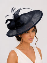 Load image into Gallery viewer, Handmade Burgundy Large Fascinator - Navy, Pink, Orange, Green Sinamay Hat
