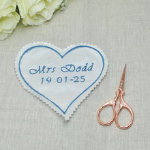 Load image into Gallery viewer, Sew On Wedding Dress Patch Something blue Custom Patch Personalised Wedding Label Bride Something Blue Wedding Heart
