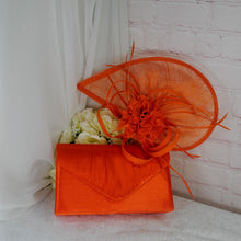 Load image into Gallery viewer, Orange Satin Clutch Bag and Fascinator Set, Handmade Bridal Hatinator

