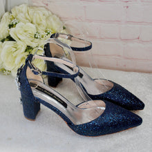 Load image into Gallery viewer, Block Heel Bridal Sandals: Navy Blue Glitter with Cherry Blossom UK6/US8.5

