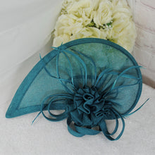 Load image into Gallery viewer, Teal Satin Bridal Set: Handmade Clutch, Fascinator Hat &amp; Heels
