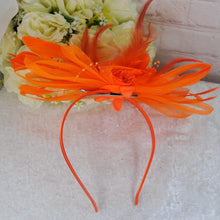 Load image into Gallery viewer, Orange Fascinator and Clutch Bag Set: Handmade Satin Wedding Outfit
