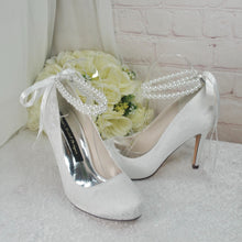 Load image into Gallery viewer, Ivory Lace Bridal Heels: Handmade Wedding Shoes with Pearl Ankle Strap • UK5 / US7.5
