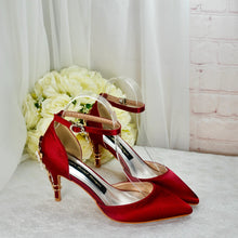 Load image into Gallery viewer, Burgundy Satin Bridal Shoes: Bridesmaid Floral Heel, Ankle Strap Size UK5/US7.5
