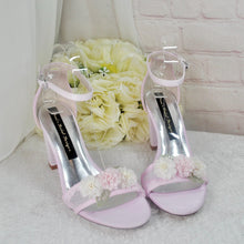 Load image into Gallery viewer, Blush Pink Bridal Sandals – Handmade Satin Shoes with 3D Floral Block Heels Size UK5/IS7.5
