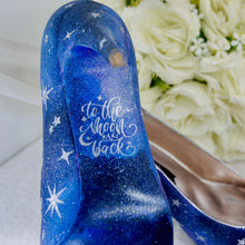 Load image into Gallery viewer, Blue Satin Celestial Wedding Shoes: Hand-Painted Galaxy Bridal Heels UK7.5/US10
