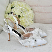 Load image into Gallery viewer, Bridal White Sling Back Heels: Handmade Satin Shoes with 3D Floral

