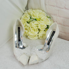 Load image into Gallery viewer, Ivory Shimmer Wedding Heels: Handmade Satin Bridal Shoes with Pearl &amp; Sequin Bow UK5/US7.5
