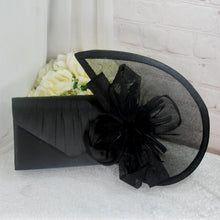Load image into Gallery viewer, Black Fascinator and Clutch Bag Set: Handmade Bridal Satin Purse &amp; Sinamay Hatinator Set
