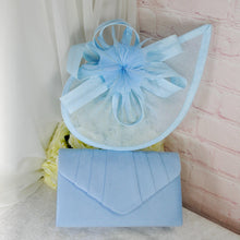 Load image into Gallery viewer, Light Blue Fascinator and Vegan Suede Clutch, Bridal Hatinator Set
