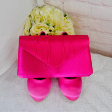 Load image into Gallery viewer, Fuchsia Pink Satin Bridal Set: Heels, Clutch &amp; Fascinator
