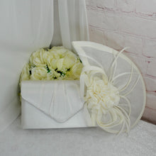 Load image into Gallery viewer, Ivory Satin Bridal Set: Handmade Clutch Bag &amp; Fascinator Hatinator
