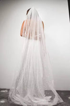 Load image into Gallery viewer, A woman wearing a long, white wedding dress with a long, flowing veil.

