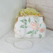 Load image into Gallery viewer, Vintage Style Wild Rose Embroidered Handbag Floral Embroidery Gold Trim Clasp Bag Purse Clutch Stunning UK Handmade Accessory Wedding Bride
