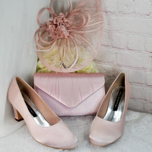 Load image into Gallery viewer, Handmade Pink Satin Bridal Set: Block Heel Shoes, Clutch, Fascinator
