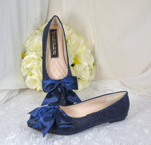 Load image into Gallery viewer, Navy Blue Bridal Flats – Handmade Comfortable Satin Flats with Oversized Satin Bow UK9/US11
