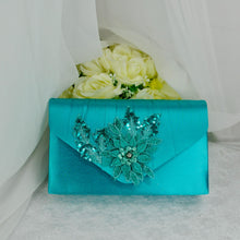 Load image into Gallery viewer, Teal Fascinator Hat, Clutch &amp; Heels: Handmade Satin Bridal Set
