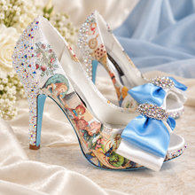 Load image into Gallery viewer, Alice in Wonderland Bridal Shoes | Blue Bow Peep-Toe Heels
