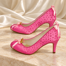 Load image into Gallery viewer, Aurora Inspired Satin Bridal Heels | Pink &amp; Blue Crystal Wedding Shoes
