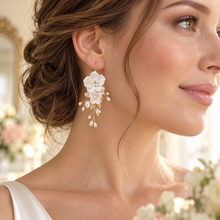 Load image into Gallery viewer, White Ceramic Flower &amp; Freshwater Pearl Bridal Earrings – Silver or Gold

