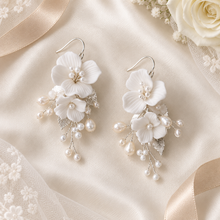 Load image into Gallery viewer, White Ceramic Flower &amp; Freshwater Pearl Bridal Earrings – Silver or Gold
