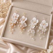 Load image into Gallery viewer, White Ceramic Flower &amp; Freshwater Pearl Bridal Earrings – Silver or Gold
