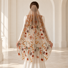 Load image into Gallery viewer, Autumn Flower Embroidered Wedding Veil – White or Brown Tulle
