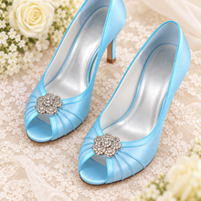 Load image into Gallery viewer, Something Blue Satin Bridal Shoes | Crystal Flower Peep-Toe Court Heels | 8cm
