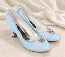 Load image into Gallery viewer, Cinderella Inspired Bridal Shoes | Something Blue Satin Block Heels
